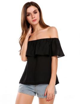 

Black Off the Shoulder Slash Neck Solid Ruffles Chiffon Tops, Multicolor