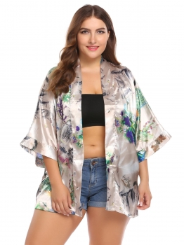 

Khaki Plus Size 3"4 Batwing Sleeve Print Loose Satin Kimono Jacket, Multicolor