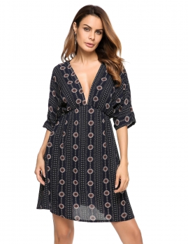 

Blue Deep V-Neck Half Sleeve High Waist Floral Dress, Multicolor