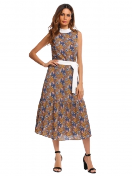 

Coffee Stand Neck Sleeveless Floral Dress with Belt, Multicolor