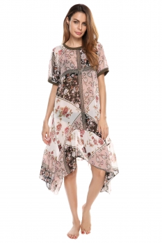 

Coffee O-Neck Short Sleeve Floral Loose Asymmetry Hem Dress, Multicolor