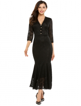 

Black V-Neck Half Sleeve Lace Mermaid Fishtail Dress, Multicolor