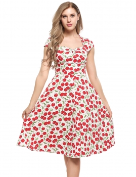 

White red Vintage Styles Cap Sleeve Prints Swing Dress, Multicolor