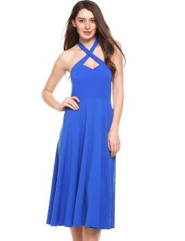 

Blue 1950s Sleeveless Cross Bandage Halter Backless Solid A-Line Pleated Hem Elastic Dress, Multicolor