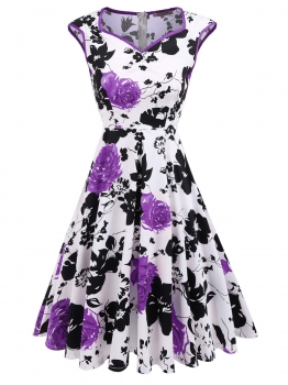 

Purple Sleeveless Floral Print V Neck Dress, Multicolor