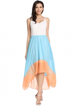

Lake blue Patchwork Asymmetrical Pleated Hem Spaghetti Straps Casual Dress, Multicolor