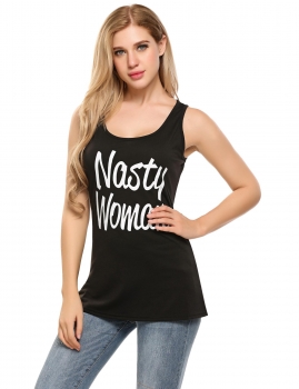 

Black O-Neck Sleeveless Solid Slim Letter Print Tank Tops, Multicolor