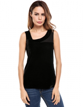 

Black Casual Oblique V-Neck Mesh Patchwork Lint Elastic Tank Tops, Multicolor