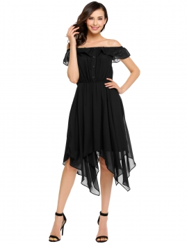 

Black Sleeveless Off The Shoulder Ruffles Chiffon Asymmetric Hem Dress, Multicolor