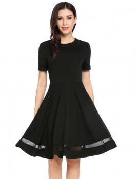 

Black O-Neck Short Sleeve Patchwork Back Zipper Casual Dress, Multicolor