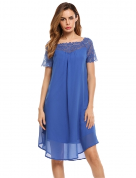 

Blue Square Neck Lace Patchwork Pullover Chiffon Dress, Multicolor