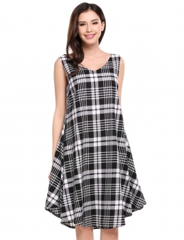 

Grey Sleeveless Plaid V Neck Pullover Loose Dress With Belt, Multicolor