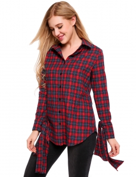 

Red Turn Down Collar Long Sleeve Cuff Tie Plaid Button Shirt, Multicolor