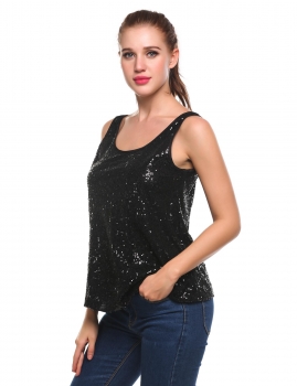 

Black O-Neck Sleeveless Sequins Pullover Tank Tops, Multicolor