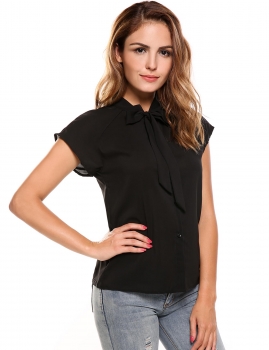 

Black Short Sleeve Bow Tie Neck Cap Sleeve Solid Loose Chiffon Blouses, Multicolor