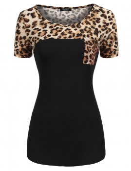 

Black Round Neck Short Sleeve Leopard Patchwork T-Shirt, Multicolor