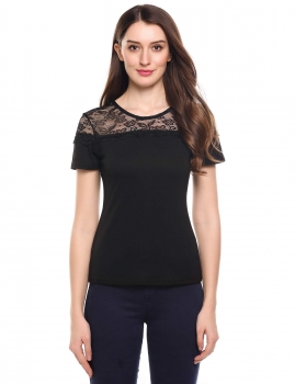 

Black O-Neck Short Sleeve Lace Patchwork Hollow Out Elastic T-Shirt, Multicolor