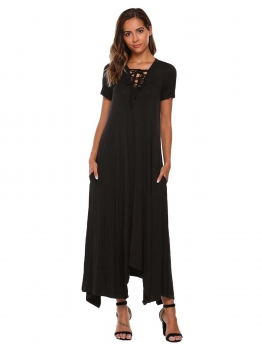 

Black Front Lace-Up V-Neck Solid Loose Dress, Multicolor