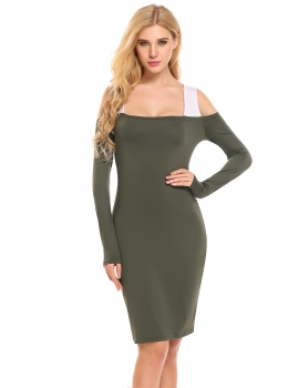 

Army green Long Sleeve Cold Shoulder Patchwork Pencil Dress, Multicolor