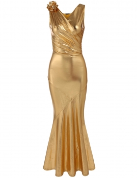 

Golden Surplice Neck Sleeveless Ruched Mermaid Fishtail Dress, Multicolor