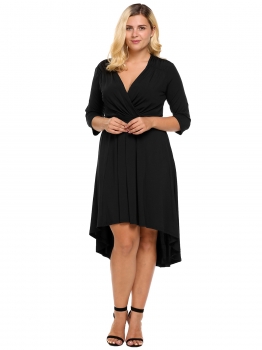 

Black Plus Size V-Neck 3"4 Sleeve Solid High Low Hem Pleated Dress, Multicolor