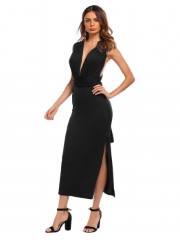 

Black Backless Plunge Neck Sleeveless Solid Dress, Multicolor