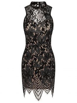 

Black Sleeveless Backless Floral Lace Dress, Multicolor