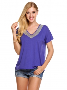 

Blue Sequins V-Neck Patchwork Short Sleeve T-Shirts, Multicolor
