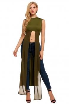 

Army green Solid Stand Neck Sleeveless Long Slit Tops, Multicolor