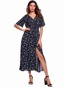 

Navy blue Short Sleeve Floral V Neck Split Maxi Casual Dress, Multicolor
