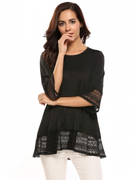 

Black Flare Sleeve O Neck Lace Splicing Patchwork Sweet Loose T-Shirt, Multicolor