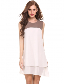 

White Patchwork Asymmetrical Chiffon Pleated Hem Tank Casual Dress, Multicolor