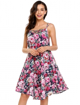 

Rose red Sleeveless Print Spaghetti Strap Loose Dress, Multicolor