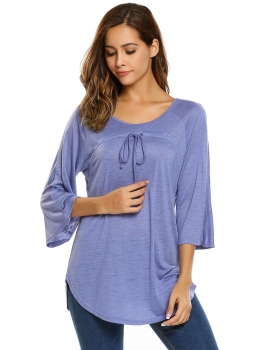 

Blue O-Neck 3"4 Sleeve Drawstring Solid Loose Tops, Multicolor