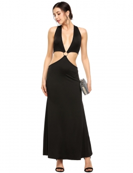 

Black Sexy Deep V-Neck Sleeveless Cut-out Solid Maxi Dress, Multicolor