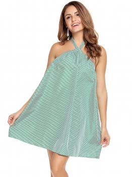 

Green Halter Sleeveless Backless Striped Plaid Mini Dress, Multicolor