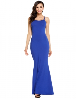 

Blue Sleeveless Backless Spaghetti Strap Maxi Mermaid Dress, Multicolor