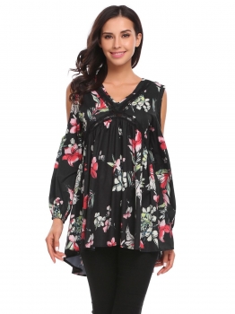 

Black Women Casual V-Neck Long Lantern Sleeve Prints A-Line Sexy Blouse T-shirt Tops, Multicolor