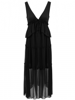 

Black Plunging Neck Ruffles Drawstring Chiffon Dress, Multicolor