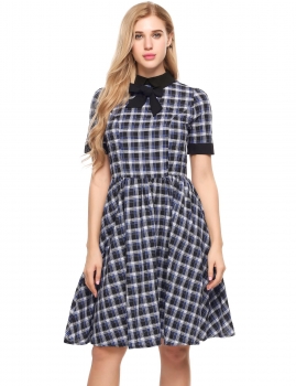 

Blue Vintage Style Peter Pan Collar Plaid Swing Dress, Multicolor