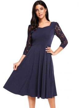 

Navy blue Vintage Styles Lace Hollow Out Sleeve Patchwork Dress, Multicolor