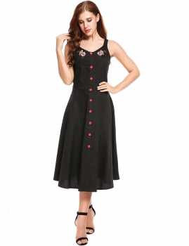 

Black Embroidery Decorative Button A-Line Pleated Hem Dress, Multicolor