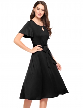 

Black Casual O-Neck Short Sleeve Solid Cut Out Dress with Belt, Multicolor