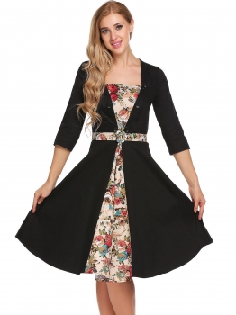 

Black 3"4 Sleeve Button Floral Patchwork Fit and Flare Dress with Belt, Multicolor