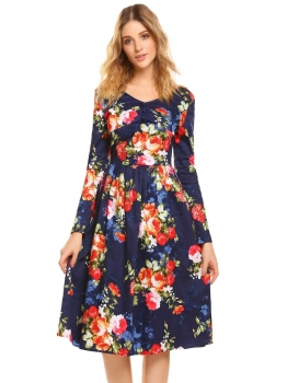 

Dark blue Deep V Neck Long Sleeve Floral Printed Ruched High Waist Swing Casual Dress, Multicolor