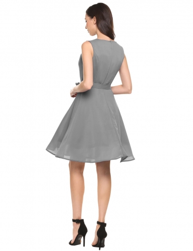 gray sleeveless solid belted cocktail belted party dress