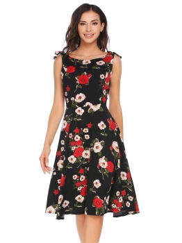 

Black Sleeveless Floral O Neck A-Line Dress, Multicolor