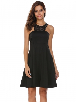 

Black Sleeveless Lace Patchwork Zip-up Dress, Multicolor
