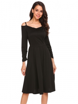 

Black Solid Vintage Spaghetti Straps Long Sleeve Dress, Multicolor