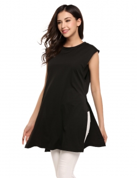 

Black V-Neck Sleeveless Zipper Solid Long Side Split Tops, Multicolor
